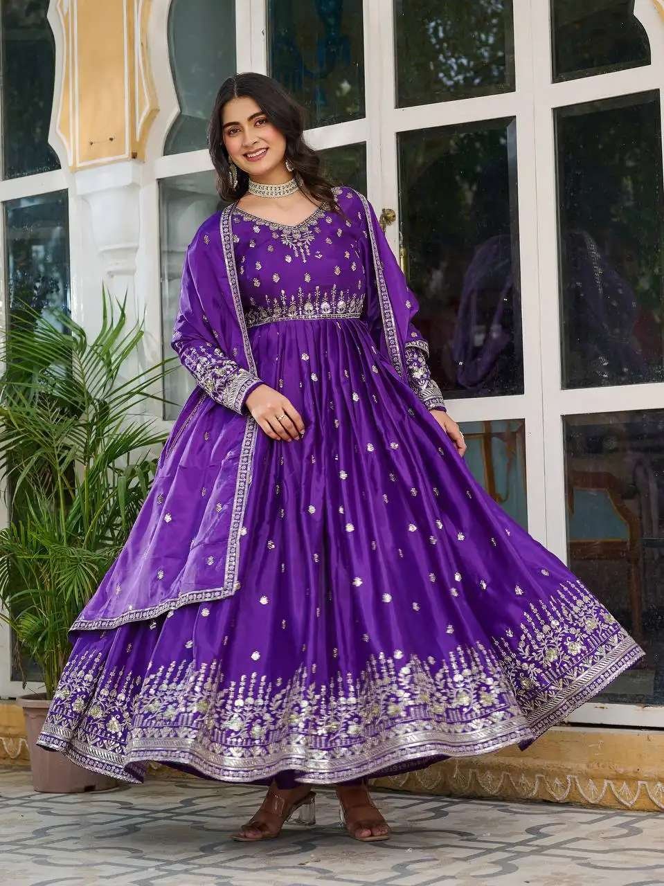 Women's American Silk Sequence Embroidery Long Anarkali Kurti (Gown) With Dupatta - Image 7