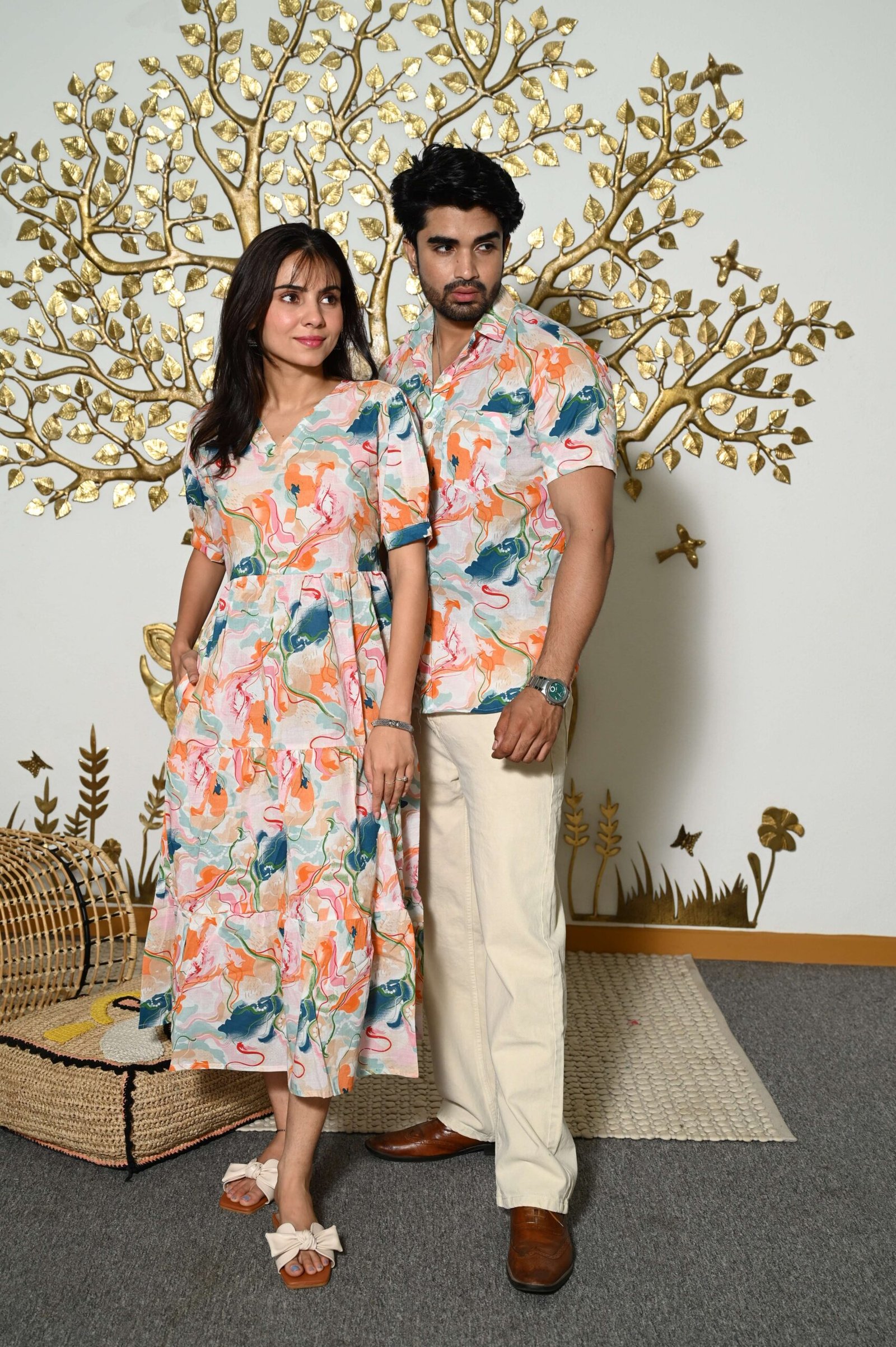 Couple Matching Abstract Print Cotton Anarkali Midi Dress & Shirt Set ? Multicolor Summer Outfit